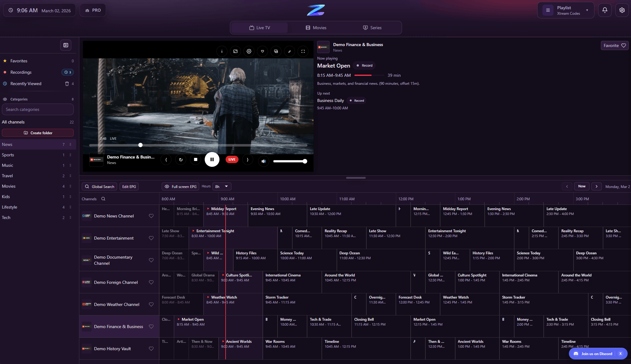 Player Zero desktop programme guide using demonstration content